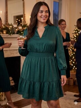 Lucky Brand  Emerald Long-Sleeve V-Neck Smocked Mini Dress Ruffle XL Elegant